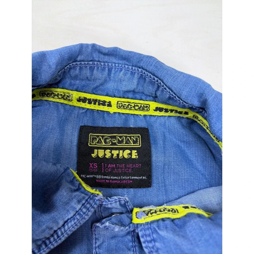 Justice Girls Pac-Man Denim Shirt Blue Short Sleeve Lyocell High Low Hem XS 5/6